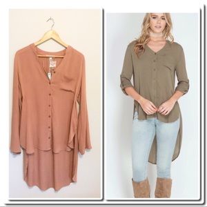 Hi Low Button down Tunic Roll Tab Sleeves